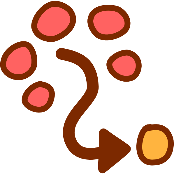5 warm pink circles with dark reddish outlines are arranged in and arc. A wavy dark reddish arrow comes from the center of the arc to point at a yellow circle with a dark reddish outline. 